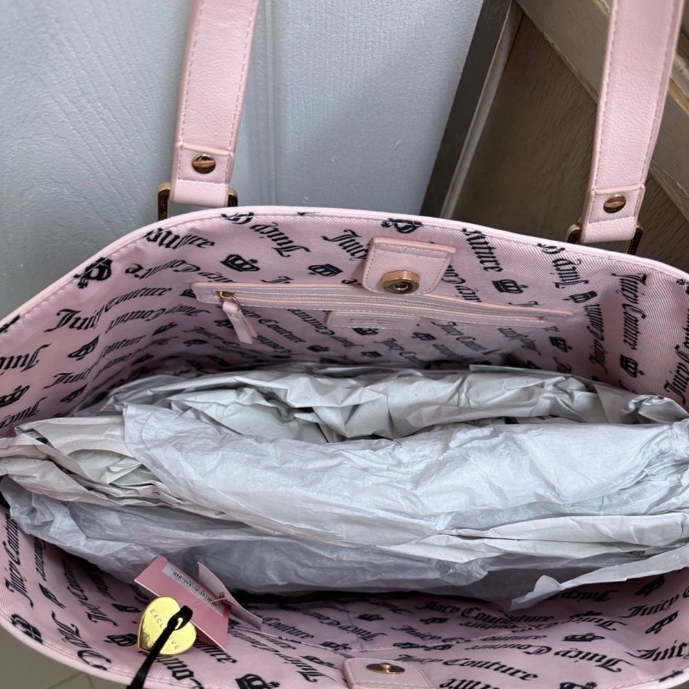 NWT Juicy Couture Juicy Run the World Tote in Taupe/Dk Brown w/ Pink Trim - Picture 7 of 7
